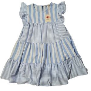 Entro Blue & White Striped Tiered Flutter Sleeve Dress Size M